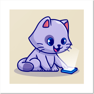 Cute Cat Playing Mobile Phone Cartoon Posters and Art